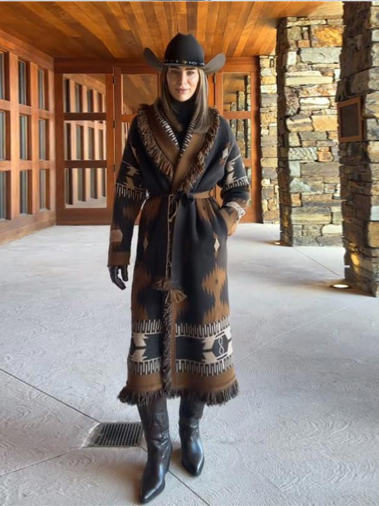 Tassel Fringe Trim - Şık Püsküllü Kadın Hırkası Bağcıklı Uzun